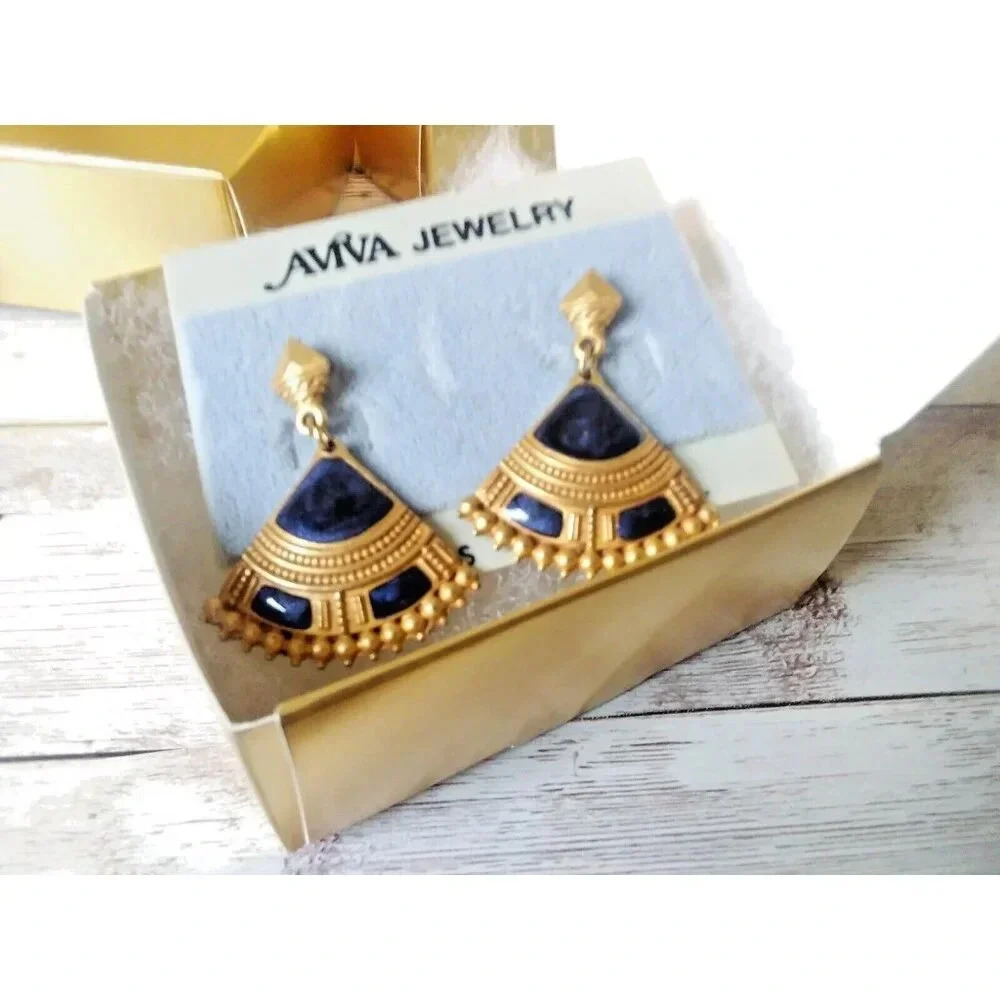 Original Card Gold and Blue Fan 1980s Vintage Enamel Dangle Earrings